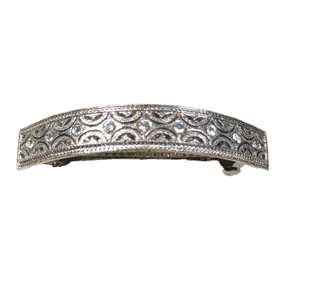 Hair Barrette Tension Clip Women Silver Tone Rhinestone Wedding Cake Design